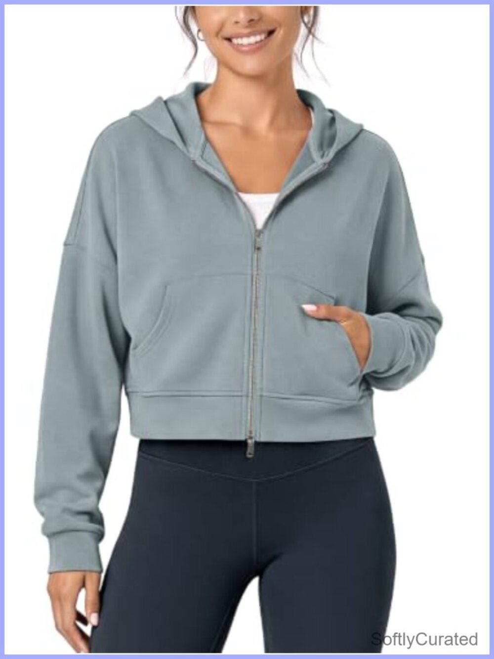 Modal Soft Full-Zip Cropped Hoodie with Pockets Long Sleeve Casual Sweatshirt